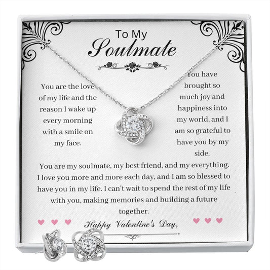 14K White Gold Valentines Day Love Knot Earring and Necklace Set - Perfect Gift for Your Soulmate